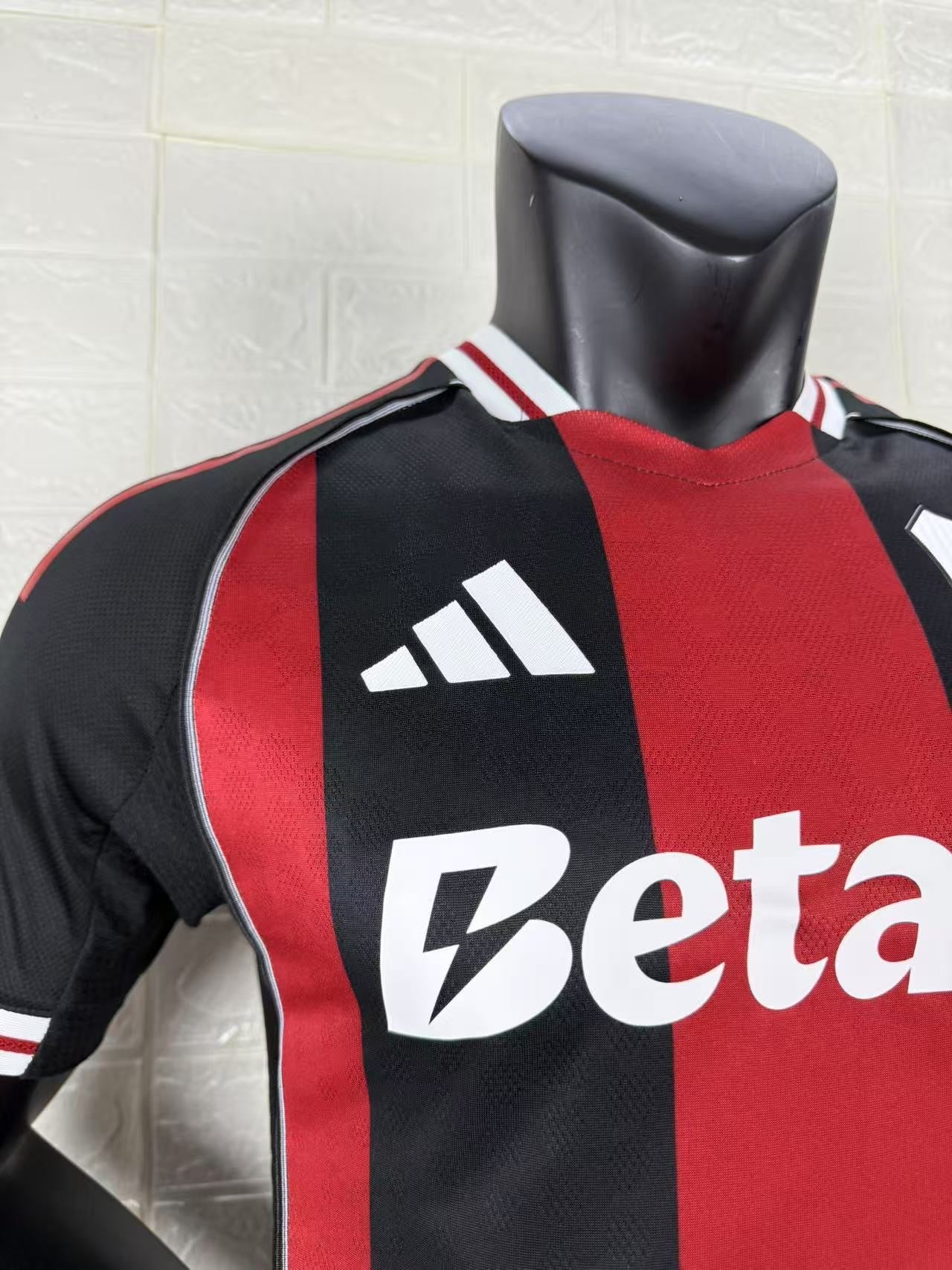 2025/26 River Plate Away Player Version Jersey - Adidas - Black Red Vertical Wide Stripe - White Red Striped V-Neck Collar - Betano White Sponsor