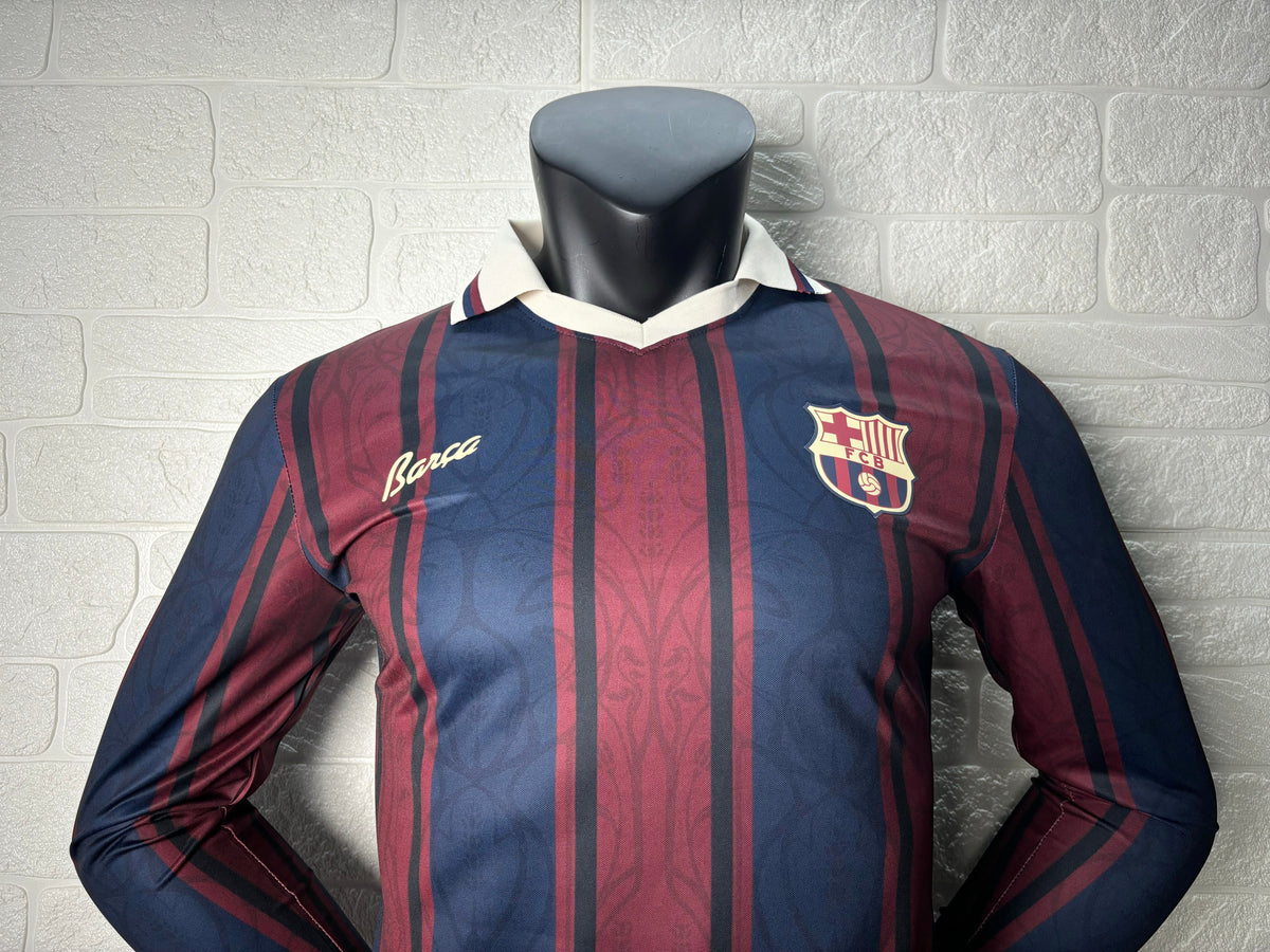 2025/26 FC Barcelona 125th Anniversary Edition Player Version Long Sleeve Jersey - Dark Navy Blue & Deep Burgundy Vertical Stripe - White Retro Polo Collar - Gold Barça Script - Retro FCB Crest - Clean Chest
