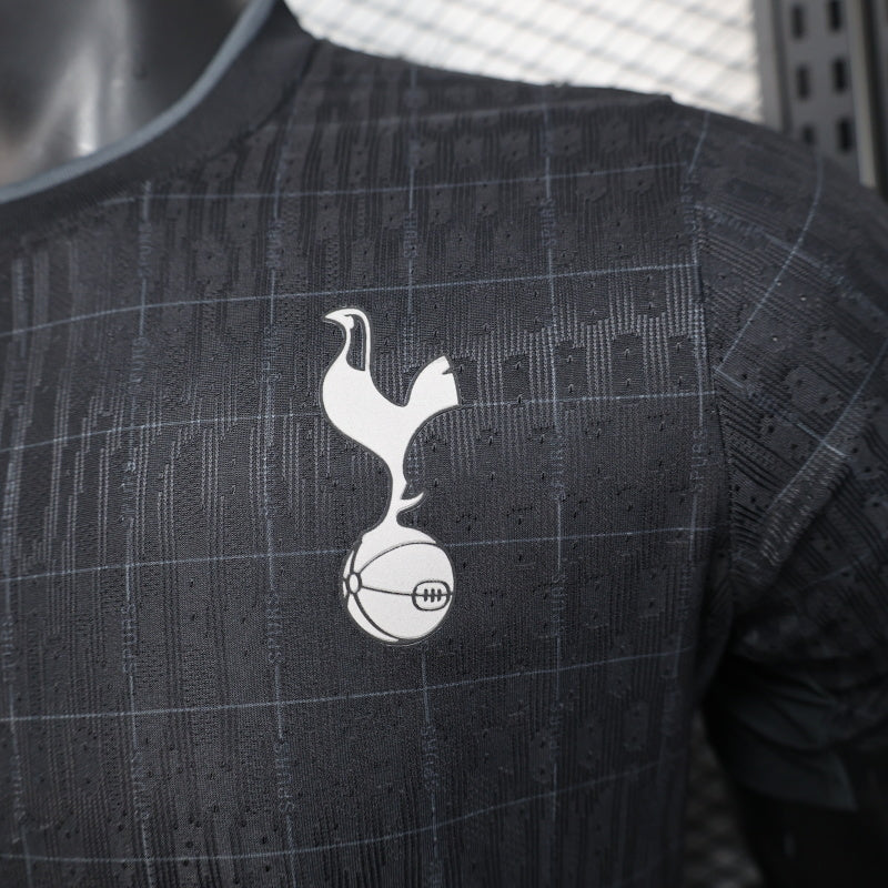 2025/26 Tottenham Hotspur Away Player Version Jersey - All-Black Body - Black-on-Black Tonal Grid Diamond Check Texture - White Nike Swoosh - White Spurs Cockerel Crest