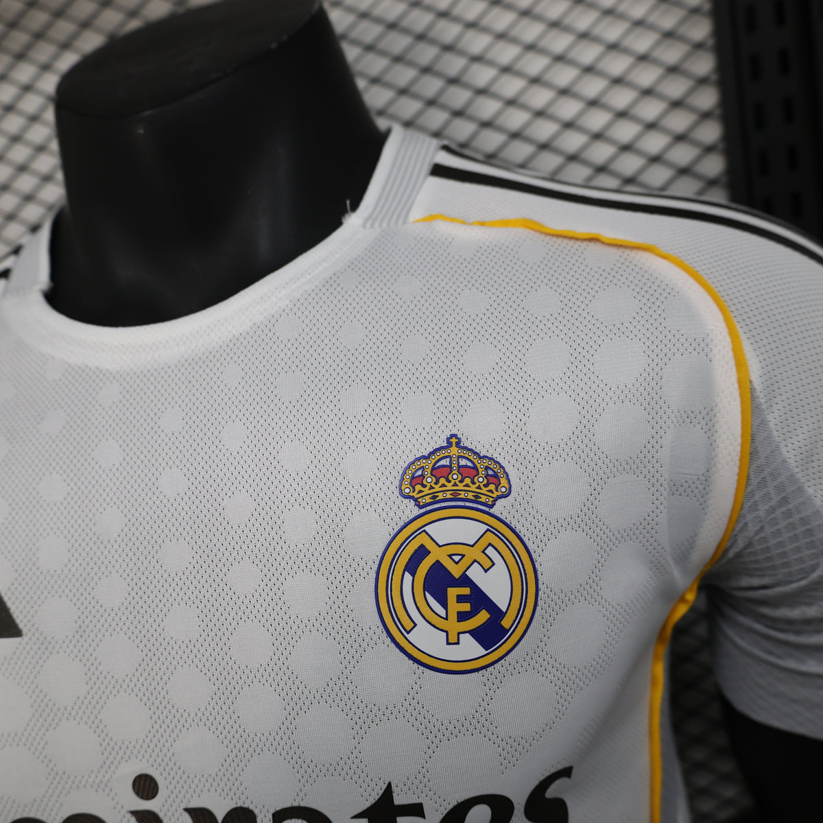 2025/26 Real Madrid Home Player Version Jersey -  White Grey Tonal Diamond Honeycomb Texture - Gold Yellow Side Seam Piping - Emirates Fly Better