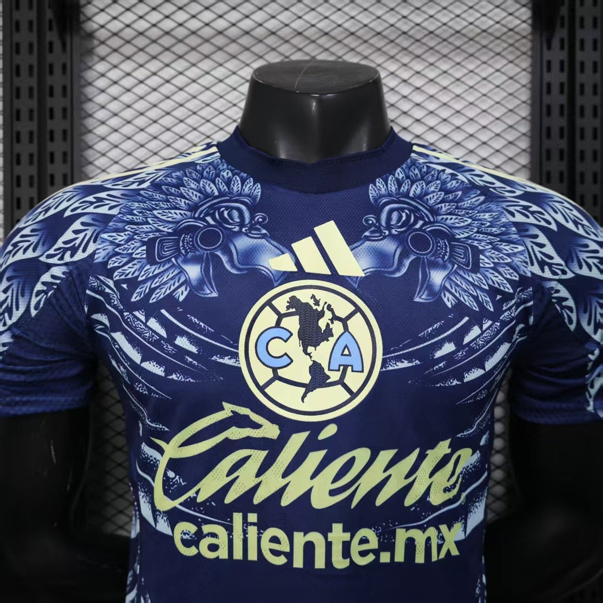 2025/26 Club América Away Player Version Jersey - Dark Navy Blue Body All-Over Aztec Eagle Deity Embossed Graphic -  Yellow-Green Three Stripes - Club América Crest - Caliente.mx Principal Sponsor