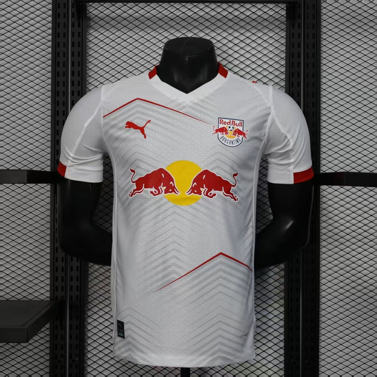 2025/26 Red Bull Bragantino Home Player Version Jersey -  White Silver Grey Large V-Shape Chevron Pattern - Red Bull Double Bull Yellow Sun Crest