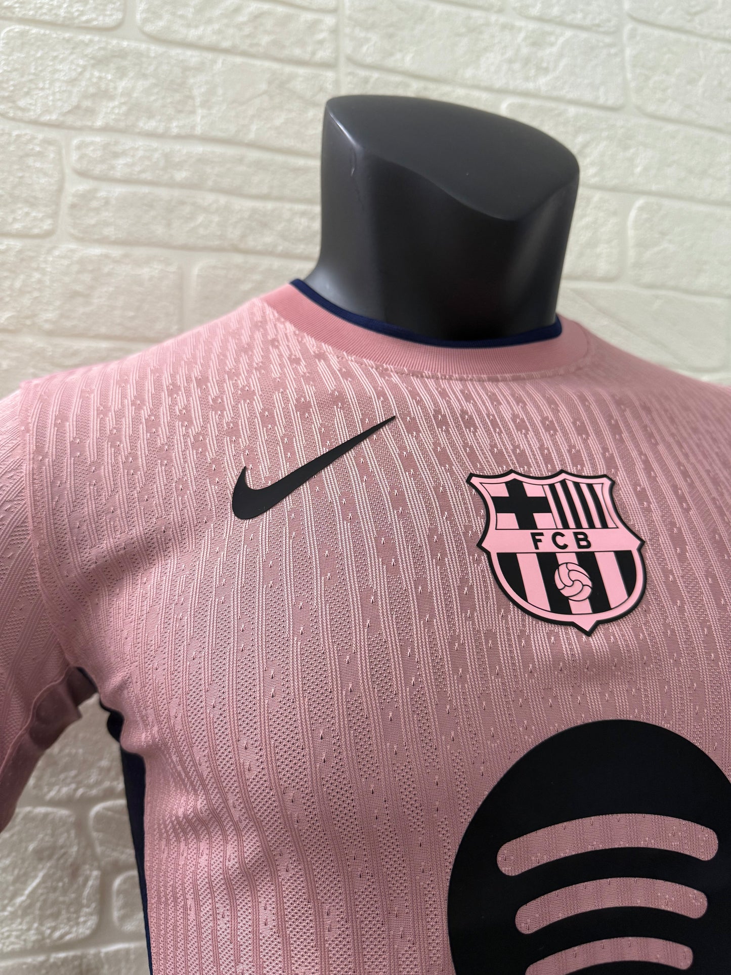 2025/26 FC Barcelona Third Player Version Jersey - Pink Body -Dri-FIT ADV - Pink Crew Neck Navy Blue Trim - Navy Blue Sleeve Cuffs - Black Nike Swoosh - FCB Pink Monochrome Crest - Spotify Black Sponsor