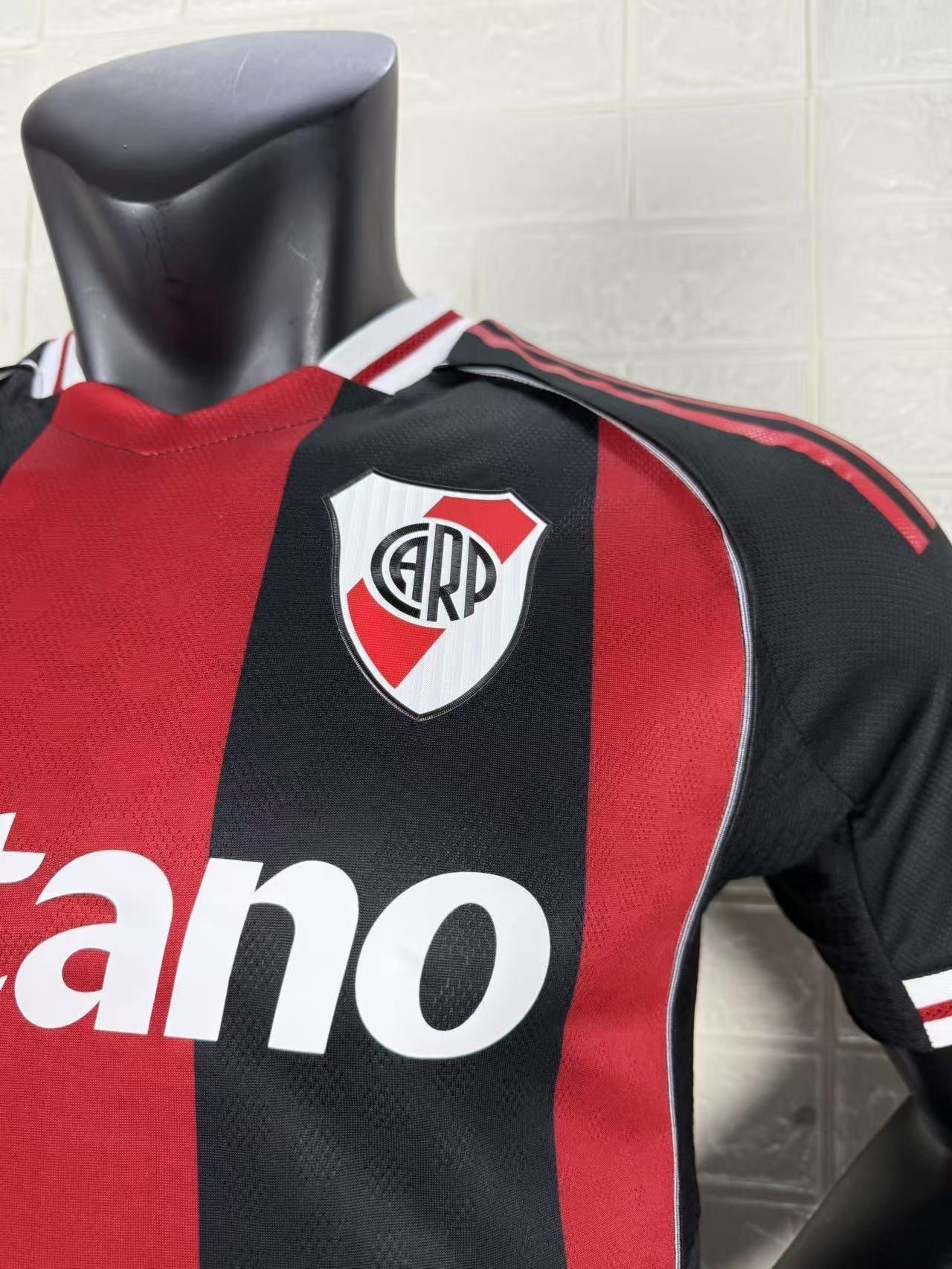 2025/26 River Plate Away Player Version Jersey - Adidas - Black Red Vertical Wide Stripe - White Red Striped V-Neck Collar - Betano White Sponsor