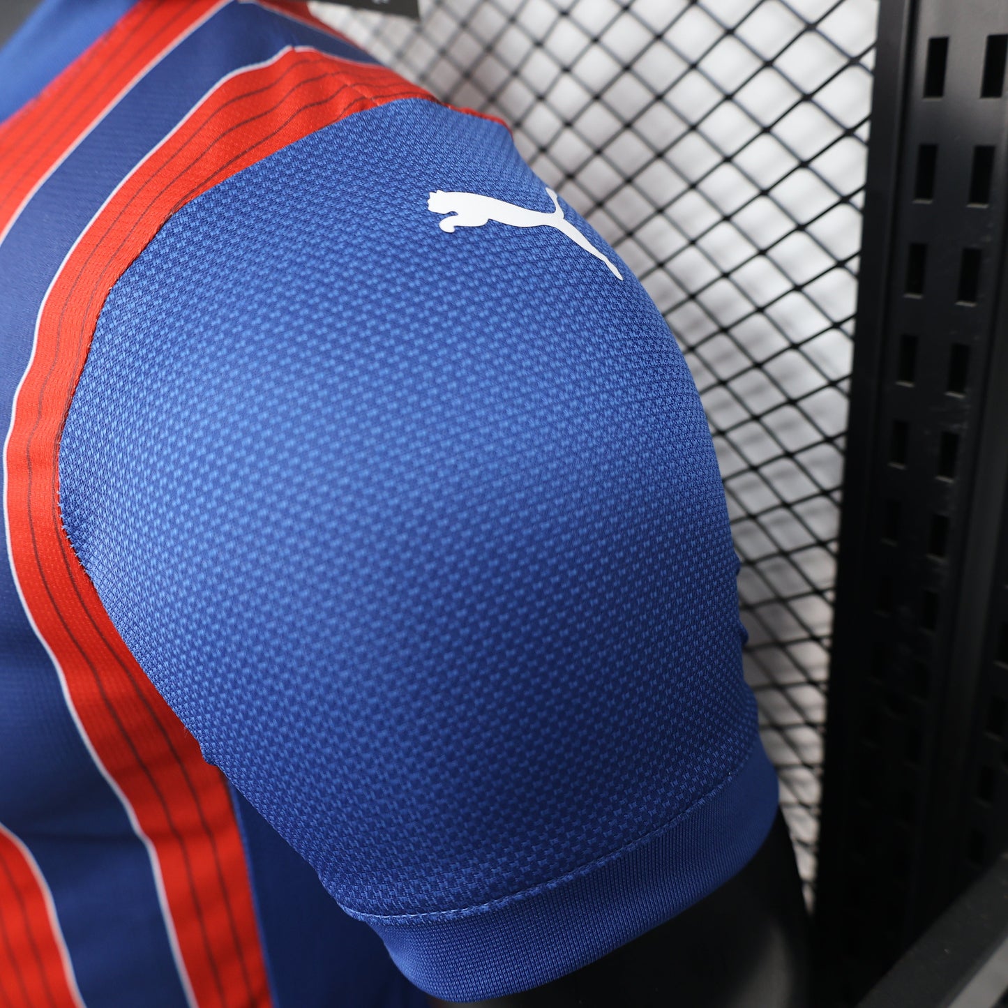 2025/26 Bahia Away Player Version Jersey  - Blue & Red Vertical Wide Stripe - Blue V-Neck Collar - White Puma Logo - Bahia Crest Three Gold Stars - Clean Chest