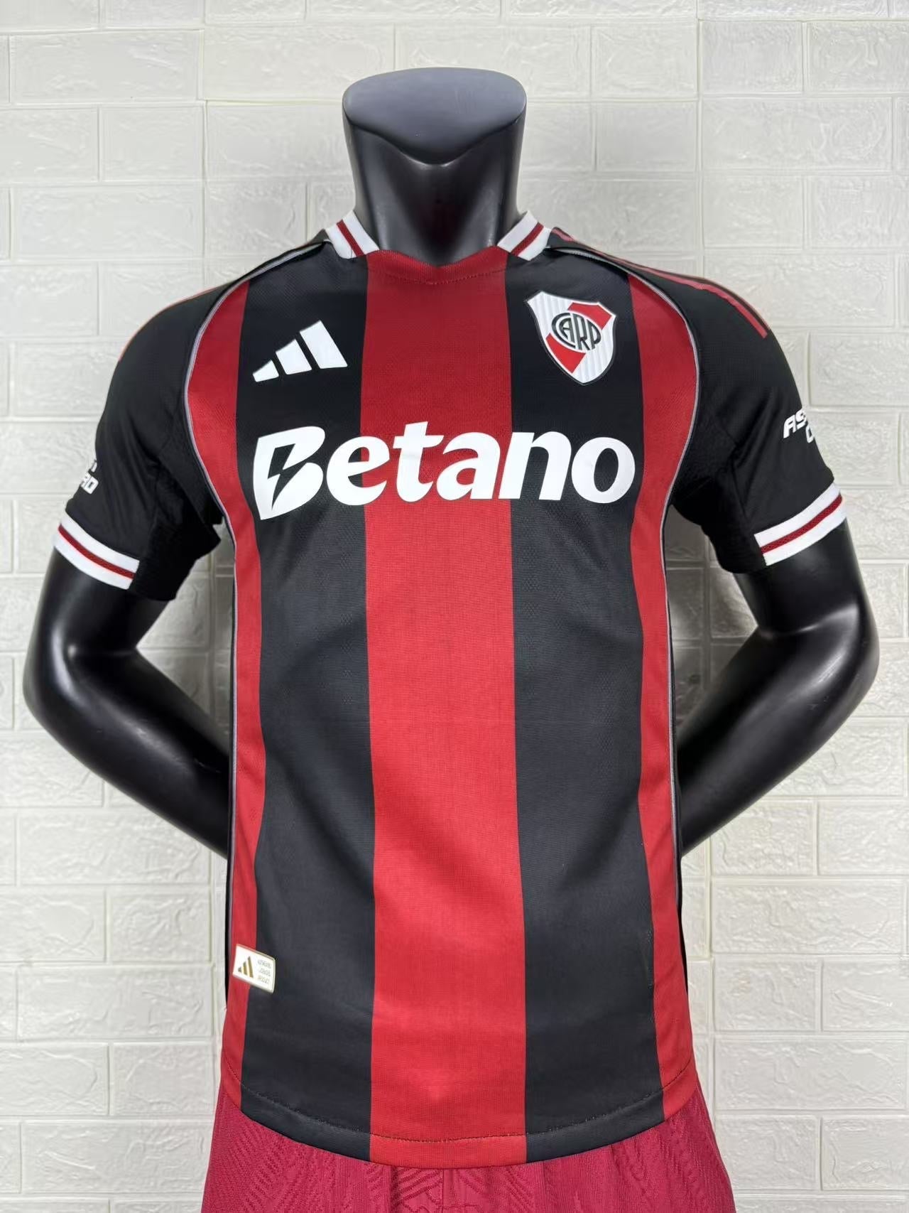 2025/26 River Plate Away Player Version Jersey -  Black Red Vertical Wide Stripe - White Red Striped V-Neck Collar - Betano White Sponsor