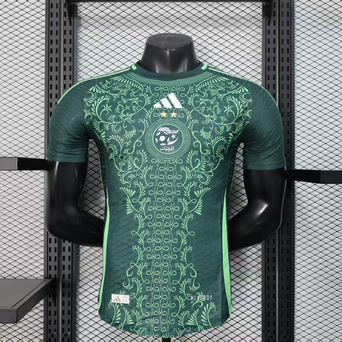 2025/26 Algeria Green Player Version Jersey - Dark Green Body All-Over Arabic-Inspired Floral Vine Embossed Texture - Adidas - Neon Green Side Seam Piping & Crew Neck Trim - Two Gold Stars - Algeria National Team Crest