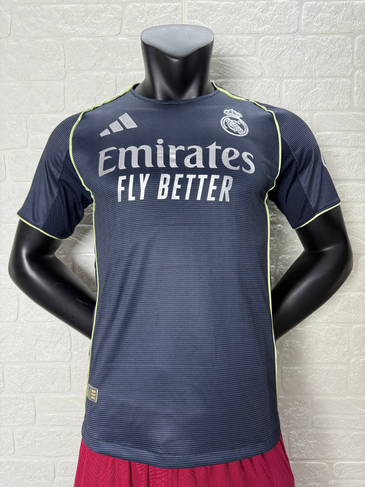 2025/26 Real Madrid Away Player Version Jersey - Dark Navy Blue Tonal Horizontal Stripe - Neon Yellow Green Piping - Emirates Fly Better